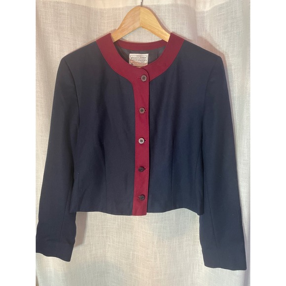 Pendleton Jackets & Blazers - Vintage Miss Pendleton Wool Jacket Navy Burgundy Button Front Cropped‎ Size 12